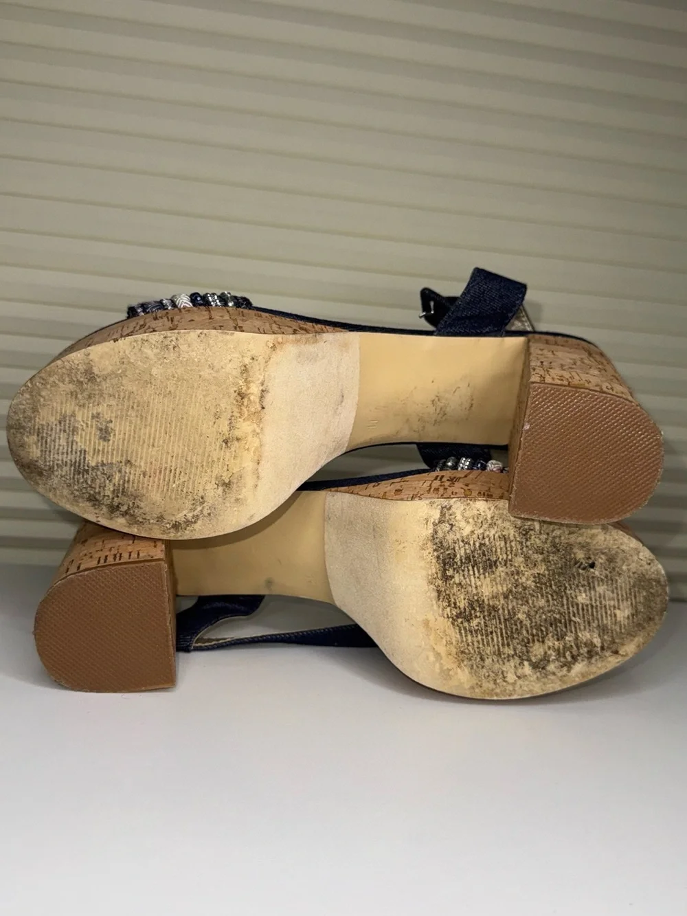 Nine West Navy and Cork Platform Sandals with Beaded Straps